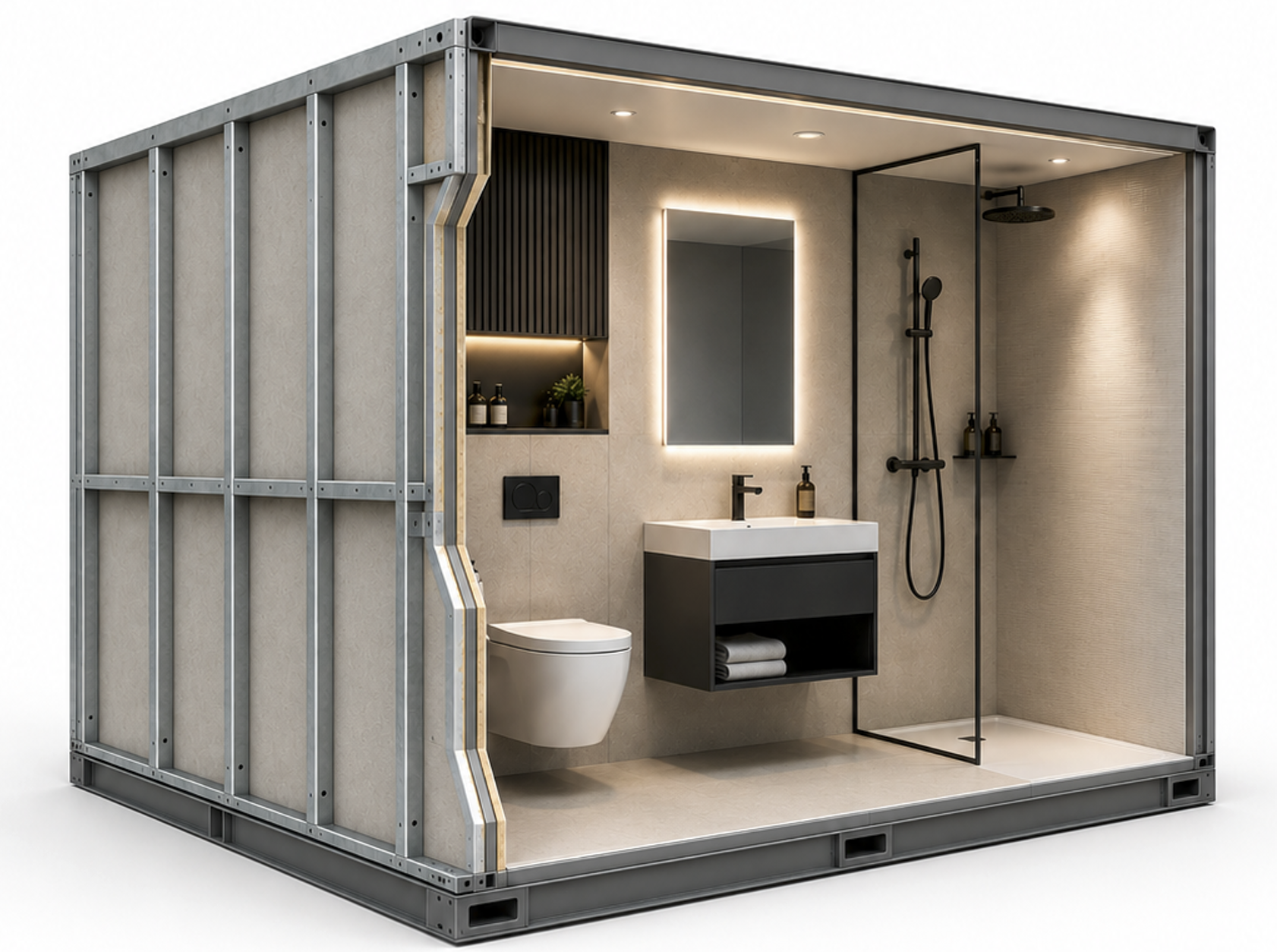 Steel framed tiled bathroom pod manufactured by Walker Modular