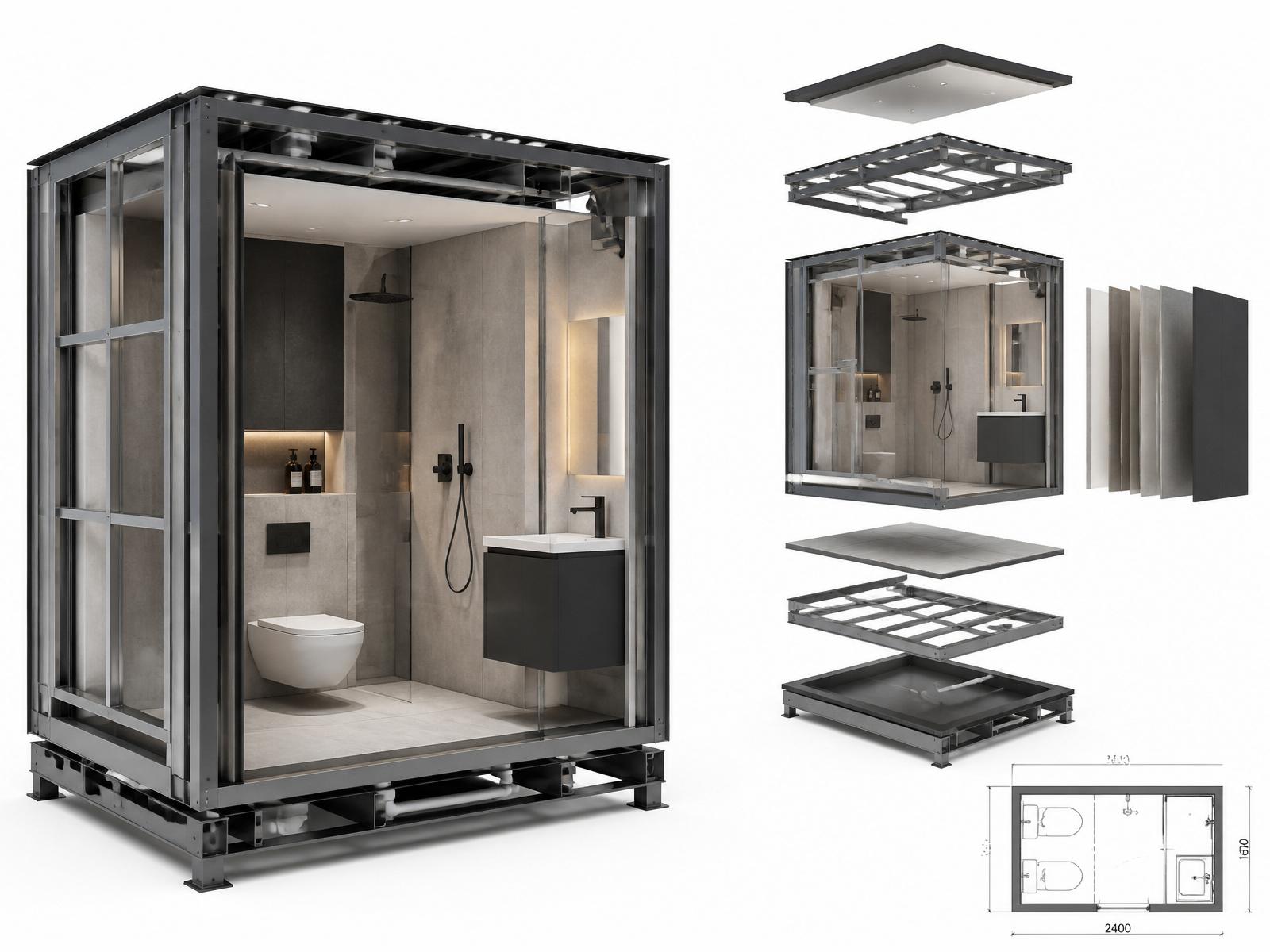 Steel framed Walker Modular bathroom pod with tiled interior